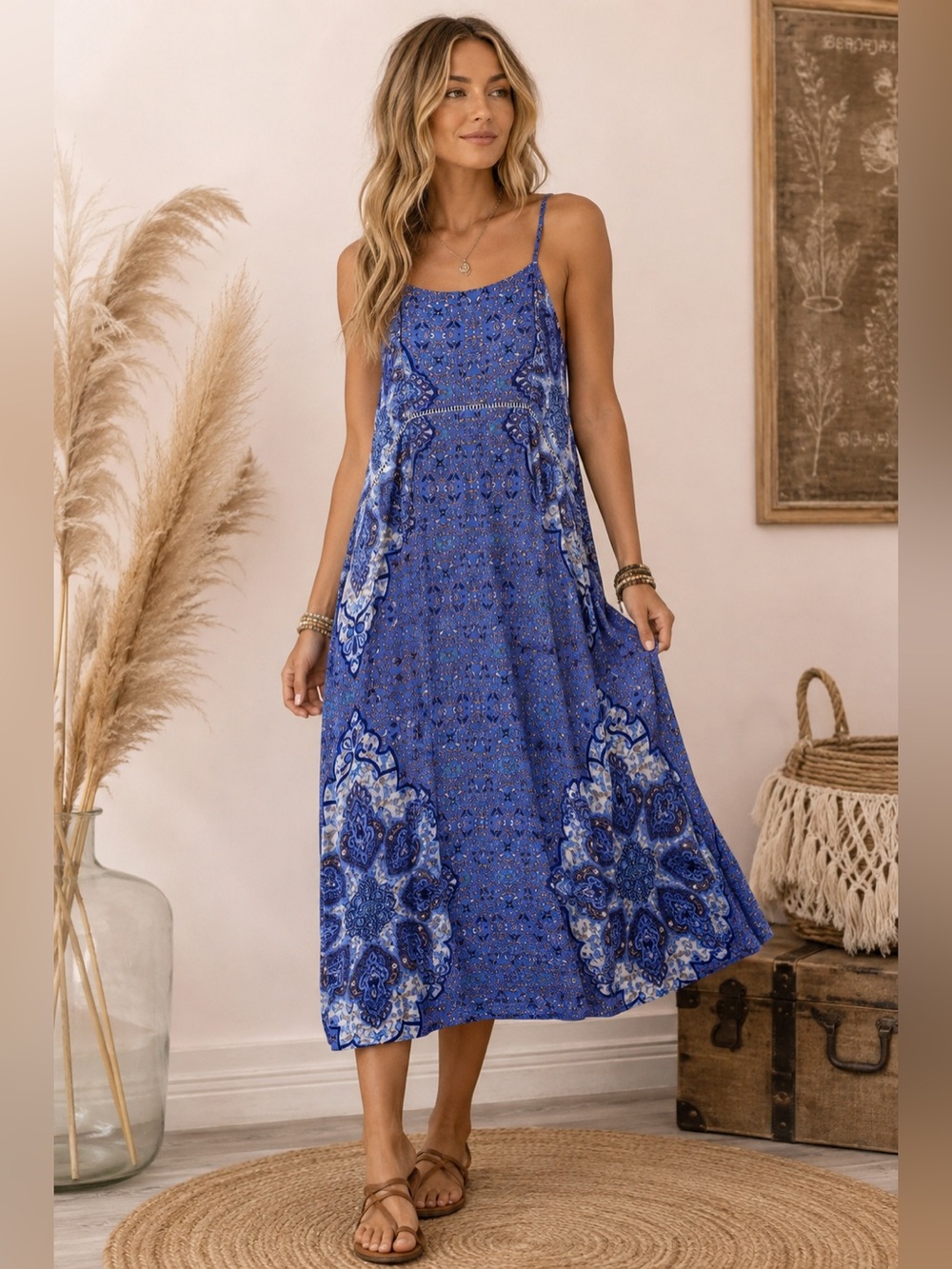Everly Blue Printed Midi Dress with Spaghetti Straps Boho Aesthetic